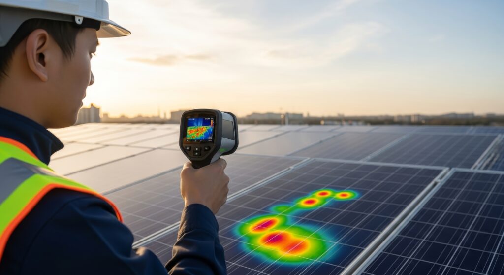 engineer using a thermal imaging camera to inspect solar panels